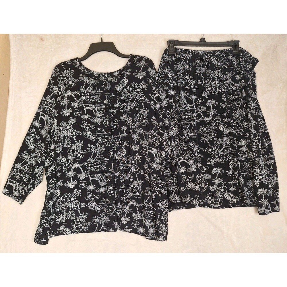 Ruby Rd Set Womens 3X Top 2X Skirt Black Floral Print Nylon Stretch Elastic